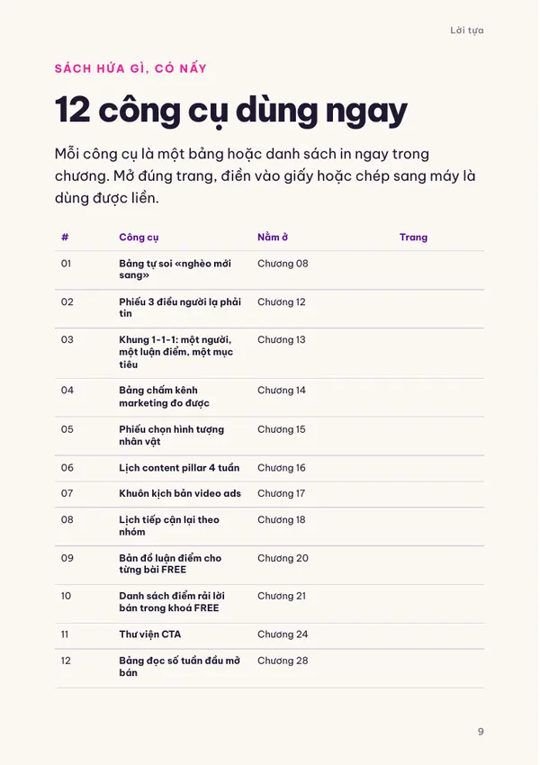 Trang “12 công cụ dùng ngay” thật trong ebook Chuyên gia nghèo