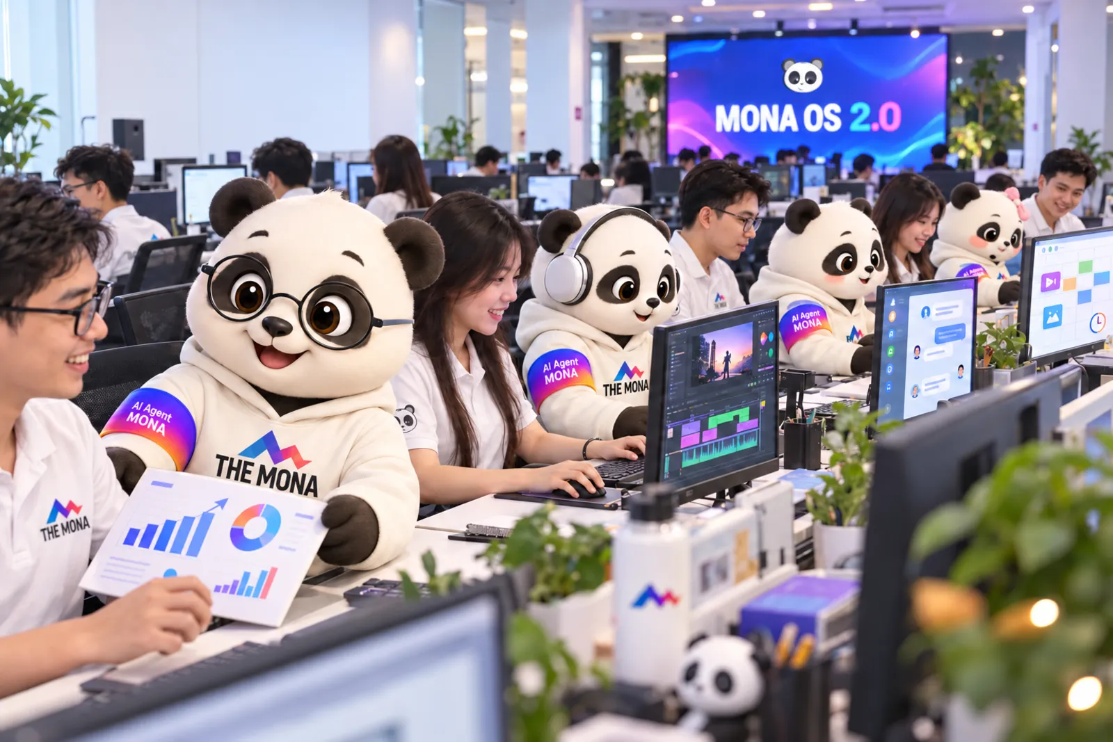 Nhân viên MONA làm việc cạnh các gấu AI Agent MONA, màn hình lớn cuối sàn ghi MONA OS 2.0