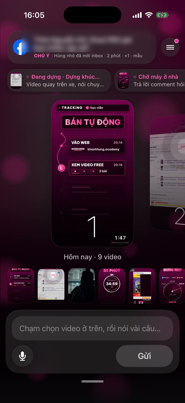 Màn Đăng video của app Hùng nhỏ AI: video vừa quay hôm nay nằm sẵn giữa màn, ô “Chạm chọn video ở trên, rồi nói vài câu” và nút mic