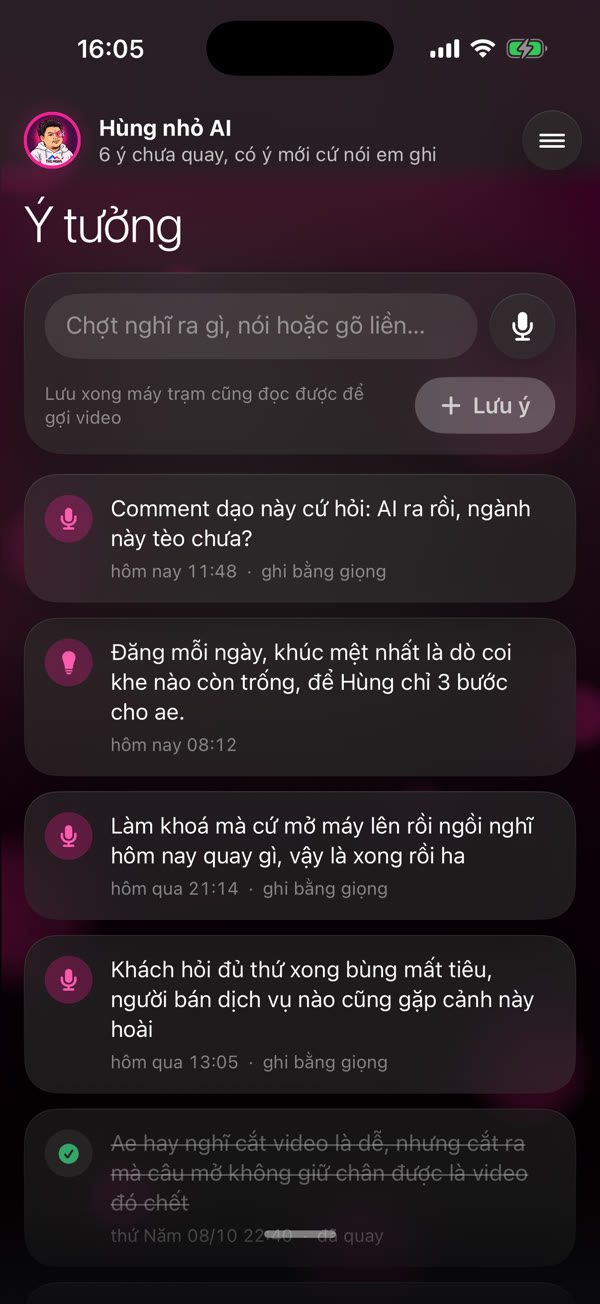 Màn Ý tưởng của app Hùng nhỏ AI: ô nói hoặc gõ ý tưởng và danh sách ý tưởng đã ghi bằng giọng