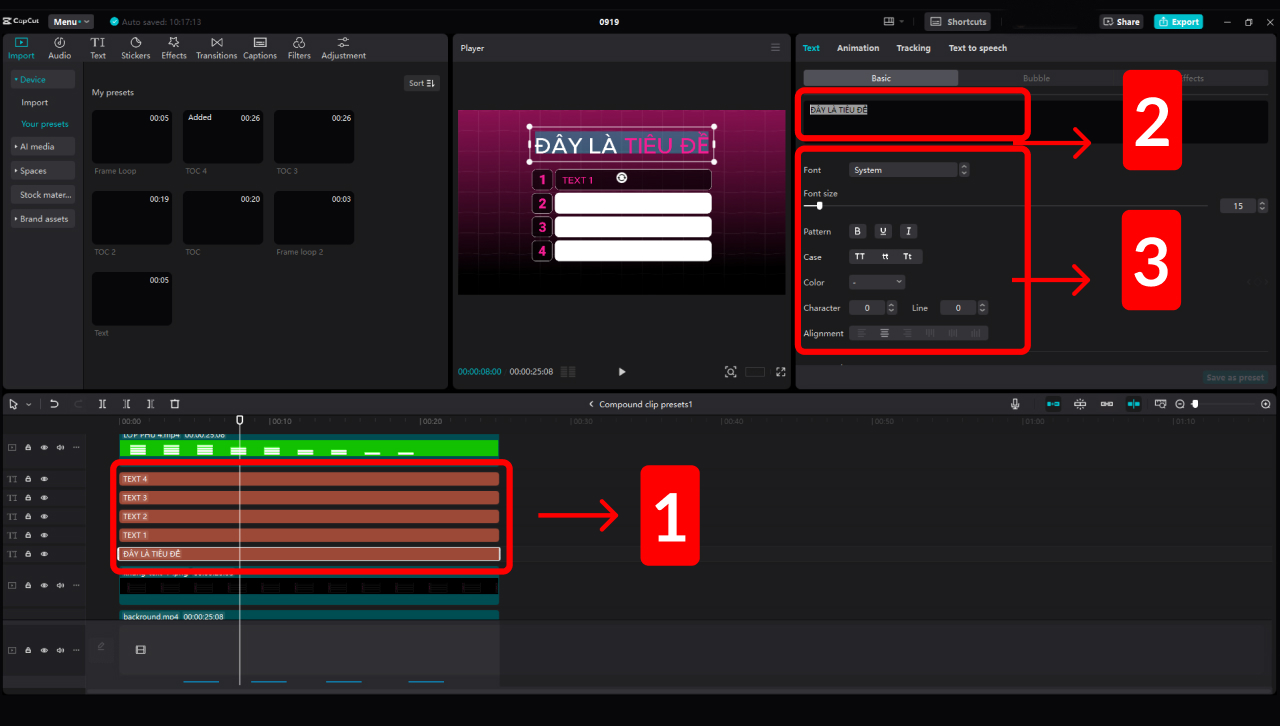 Chỉnh sửa text trong Preset trên CapCut