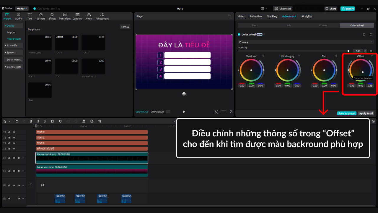 Thao tác đổi màu background với Preset trên CapCut
