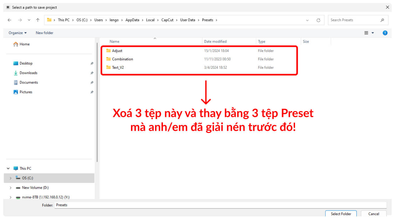 Thay thế hoặc xóa Presets hiện tại trên Windows