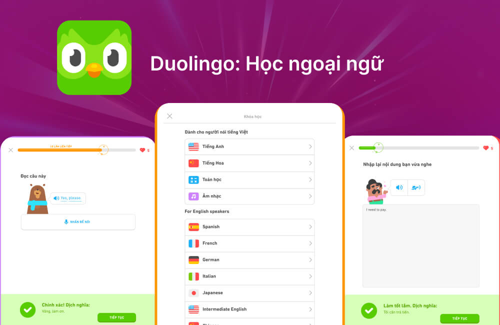 Ứng dụng học tập linh hoạt trên Duolingo