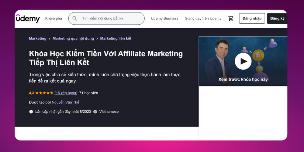 Khóa học Affiliate Marketing tại nền tảng Udemy