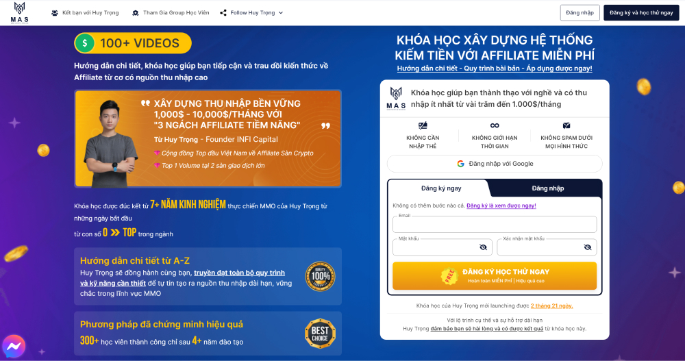 Review chi tiết khóa học Affiliate Huy Trọng Academy