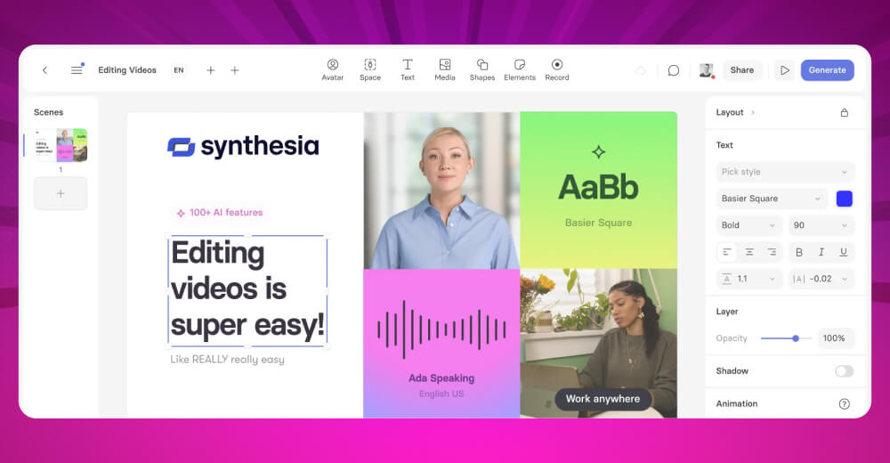 Giao diện Synthesia làm bài giảng Elearning bằng AI