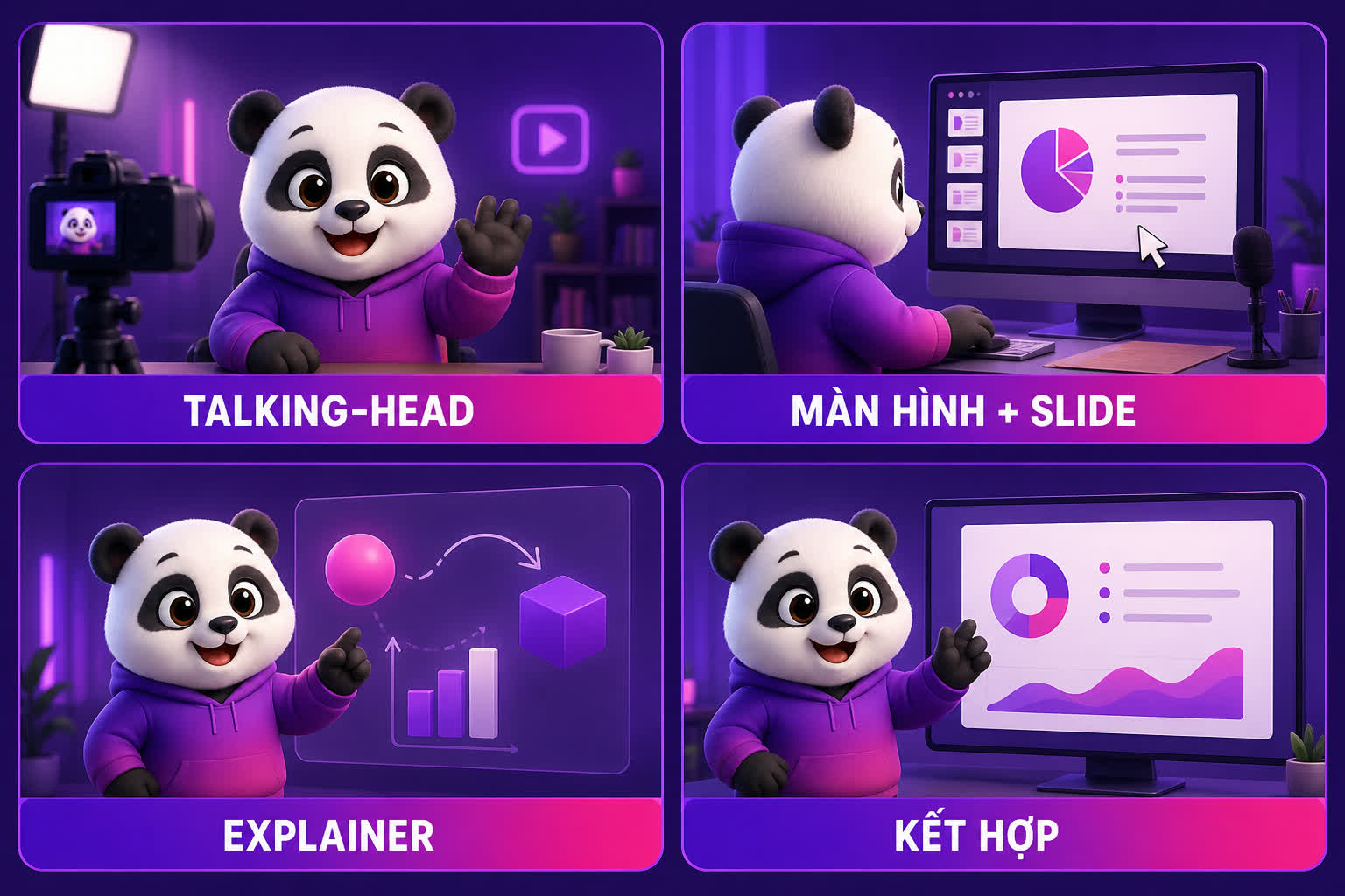 Bốn kiểu quay bài giảng gồm talking head slide explainer và kết hợp