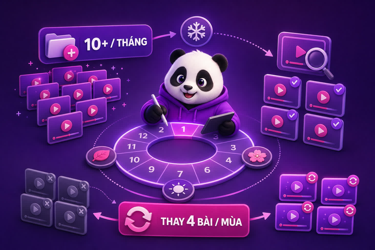 Chu kỳ thêm 10 video mỗi tháng và thay 4 bài mỗi mùa