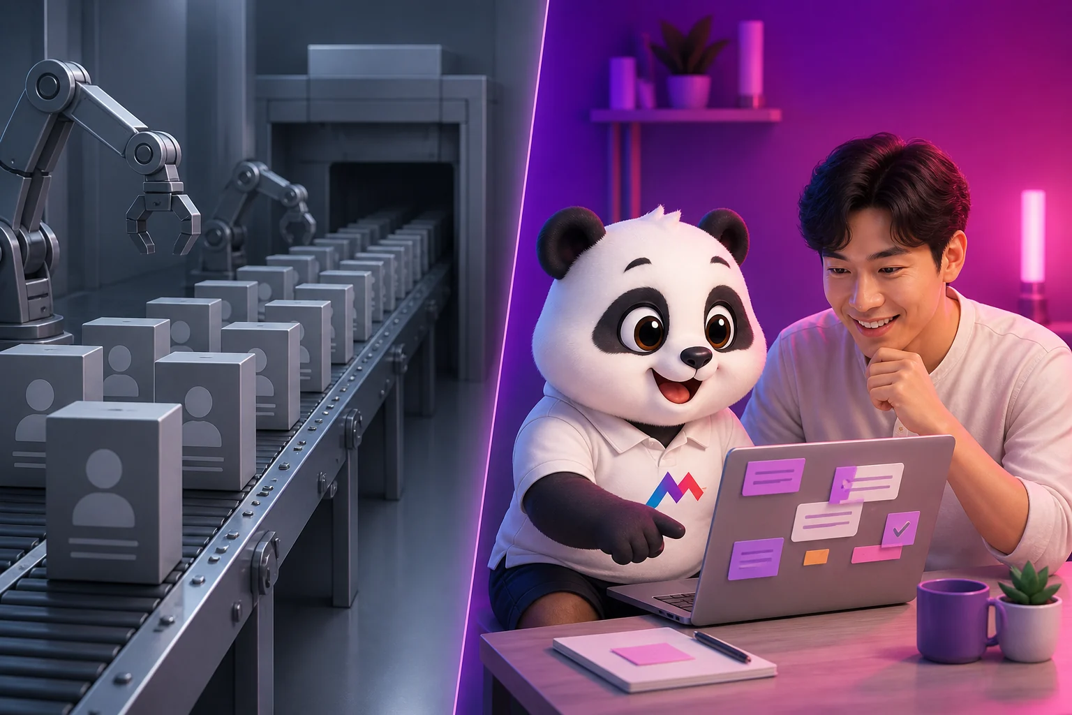 Khóa học sản xuất hàng loạt bằng AI đặt cạnh khóa học có chữa bài thật