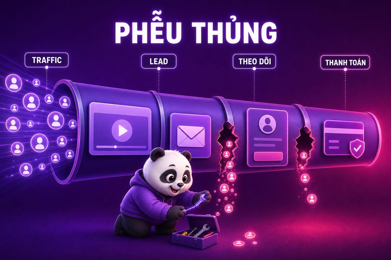 Gấu KHA sửa hai điểm thủng trong phễu bán khóa học