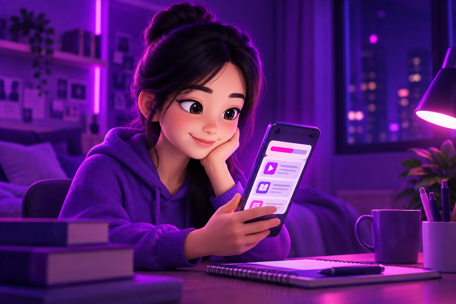 Học viên tự học online course trên điện thoại buổi tối