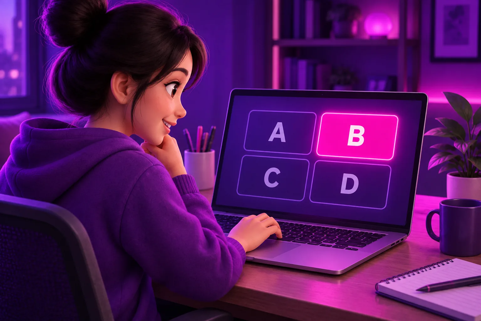 Học viên làm bài trắc nghiệm A B C D trên laptop
