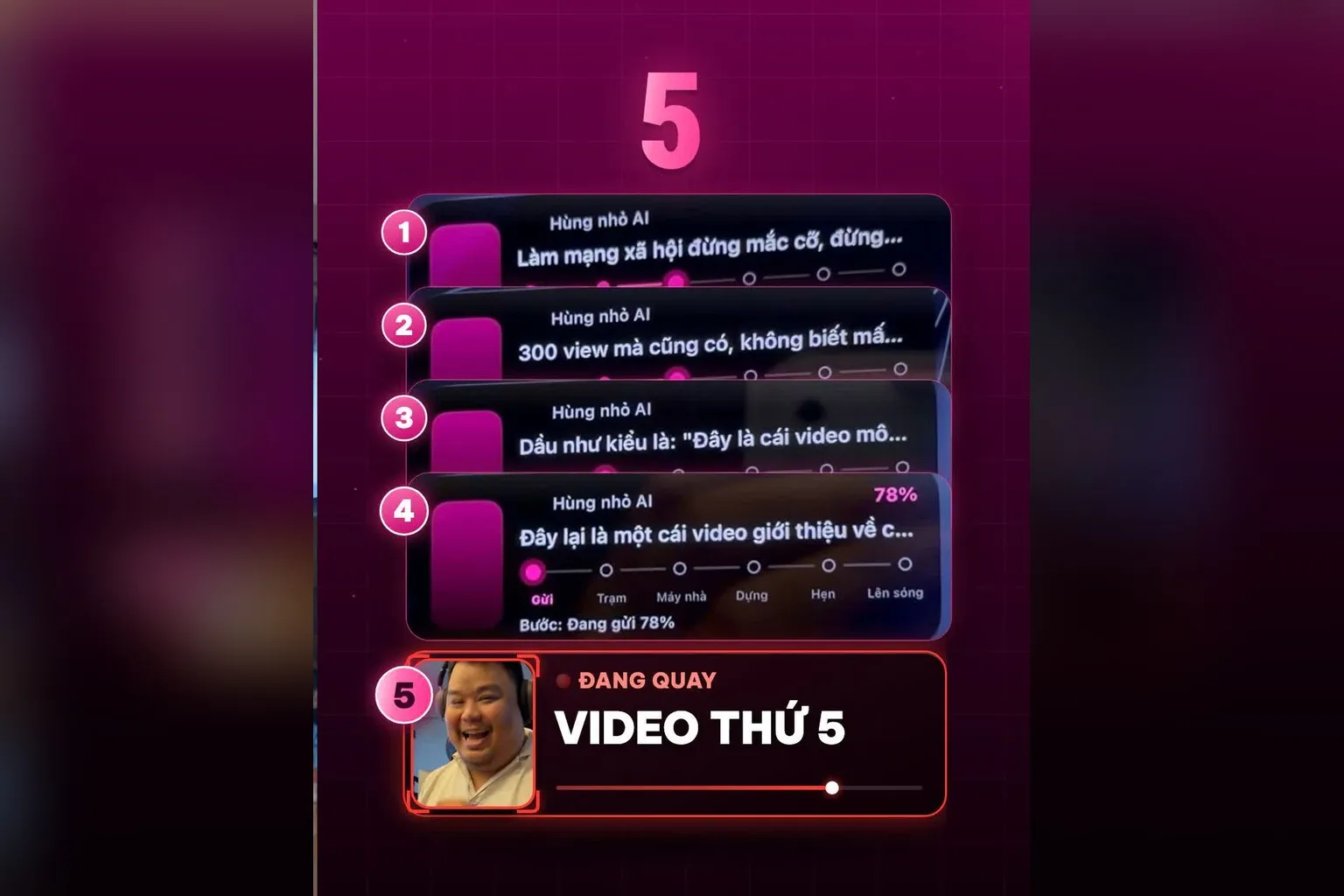 Màn hình khoá điện thoại báo tiến độ 4 video đang dựng trong khi Hùng đang quay video thứ 5