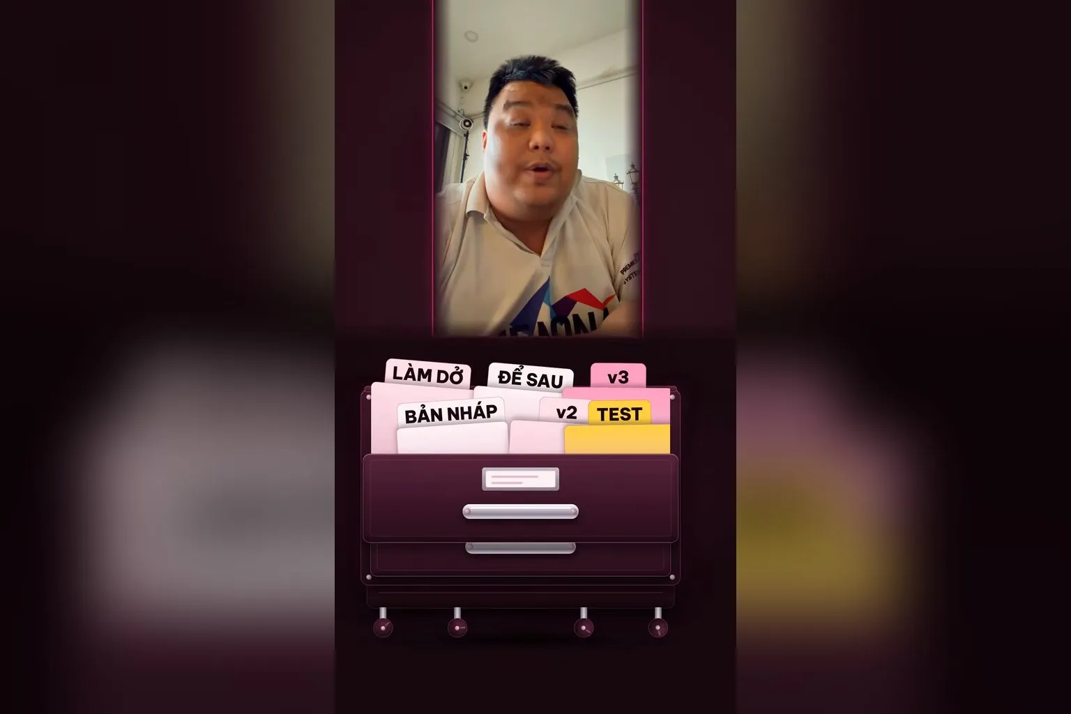 Tủ hồ sơ đầy bản nháp làm dở, để sau, bản test