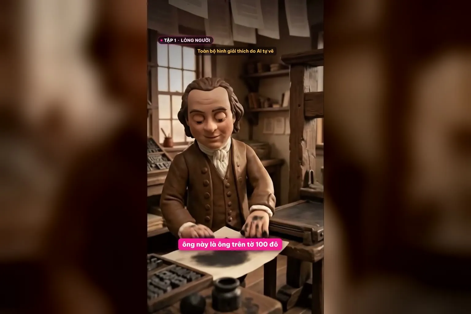 Benjamin Franklin thời trẻ ở xưởng in, người in trên tờ 100 đô