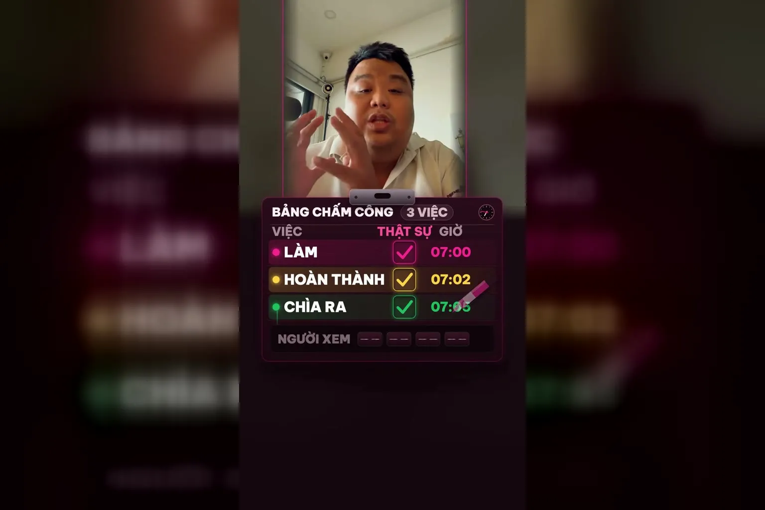 Bảng chấm công 3 việc: làm, hoàn thành, chìa ra