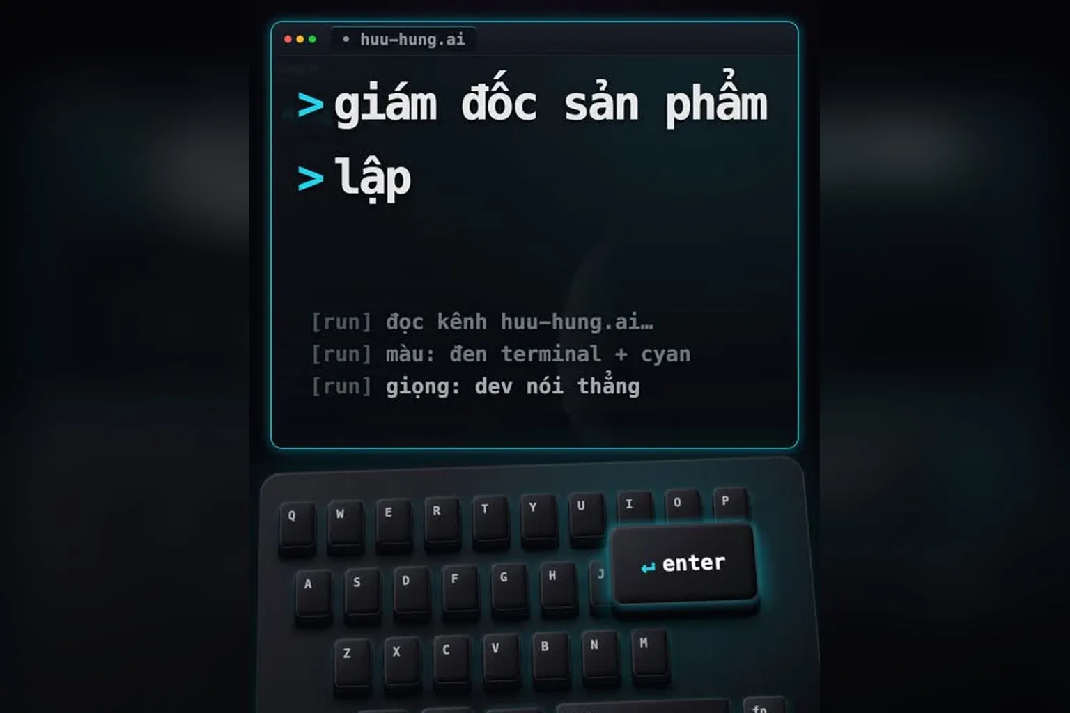 Bộ nhận diện giao diện đen terminal chữ xanh cyan của kênh Hữu Hùng AI