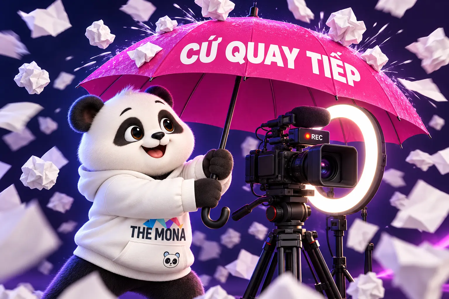 Gấu MONA bung dù che máy quay để chủ kênh cứ quay tiếp
