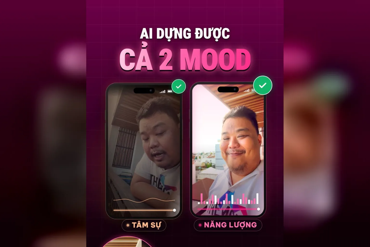 AI dựng được cả 2 mood: hai điện thoại đặt cạnh nhau, một bản tâm sự và một bản năng lượng đều có dấu tích