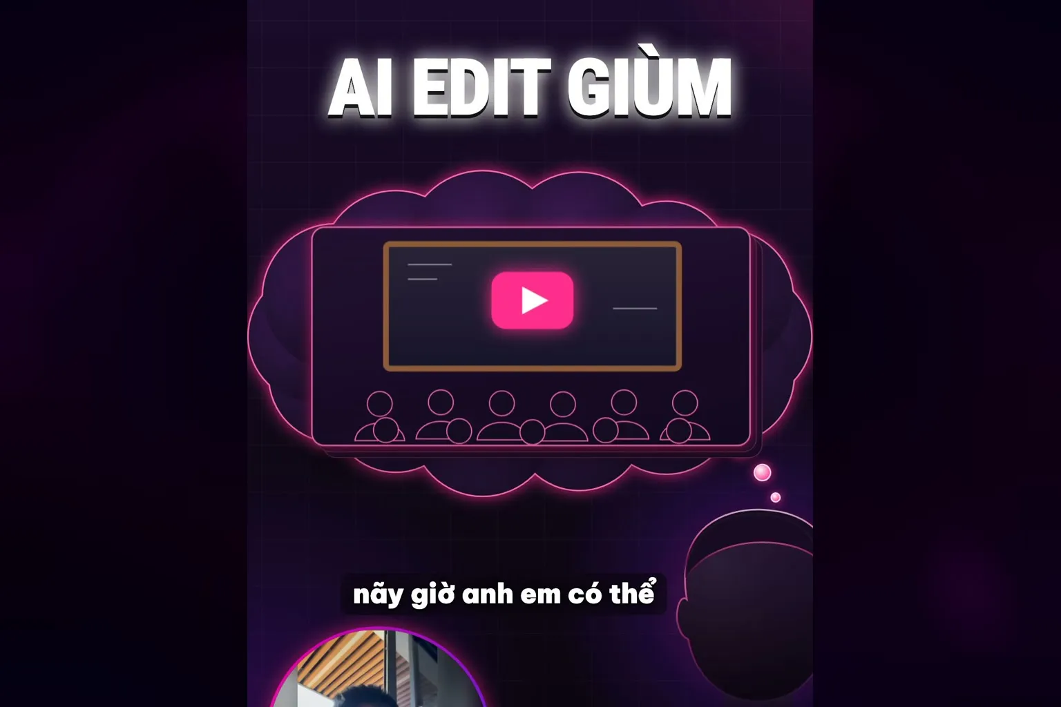 AI edit giùm video giải thích explainer: đám mây suy nghĩ chứa màn hình video và hàng khán giả