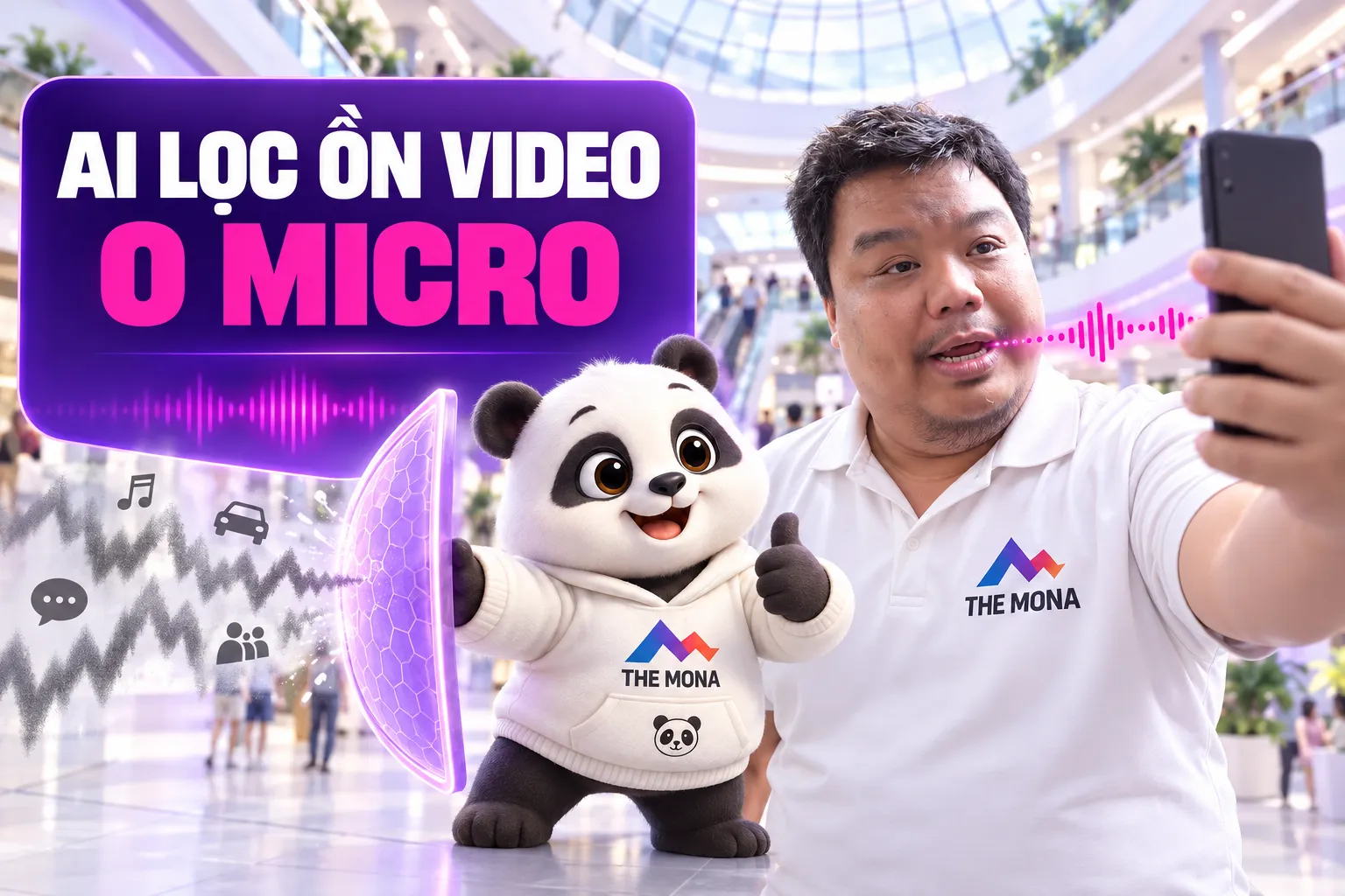 Hùng quay video bằng điện thoại giữa trung tâm thương mại, không micro, gấu chắn tiếng ồn