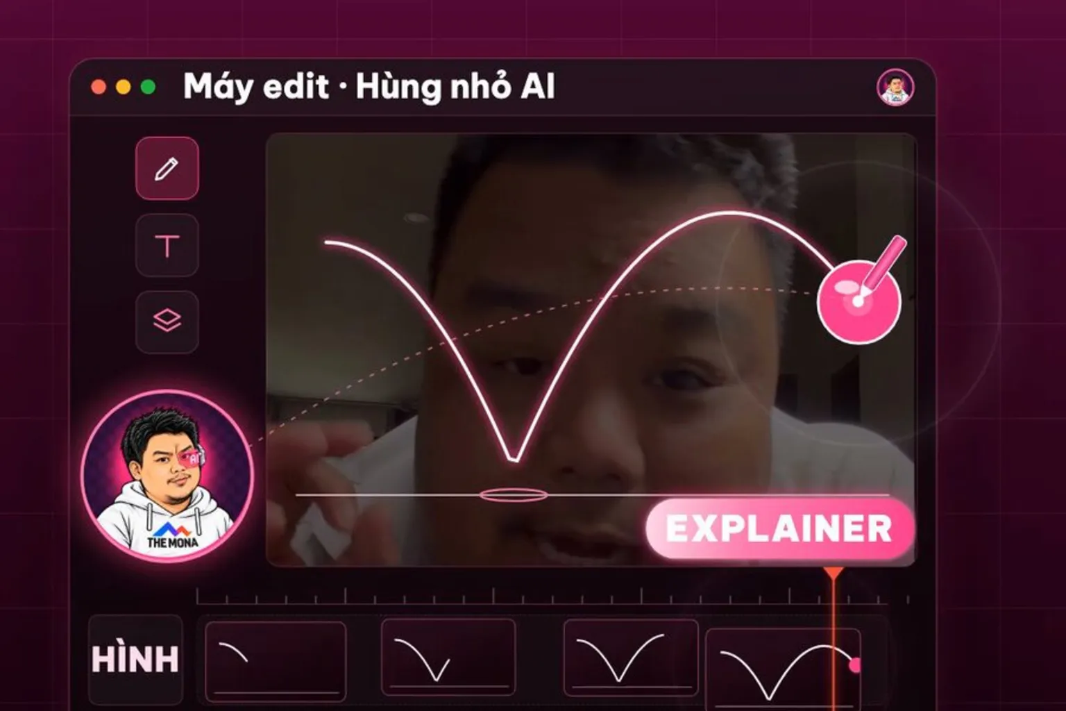 Khung hình thật: màn máy edit có track lời Hùng và track hình, Hùng nhỏ AI vẽ animation giải thích lời mình