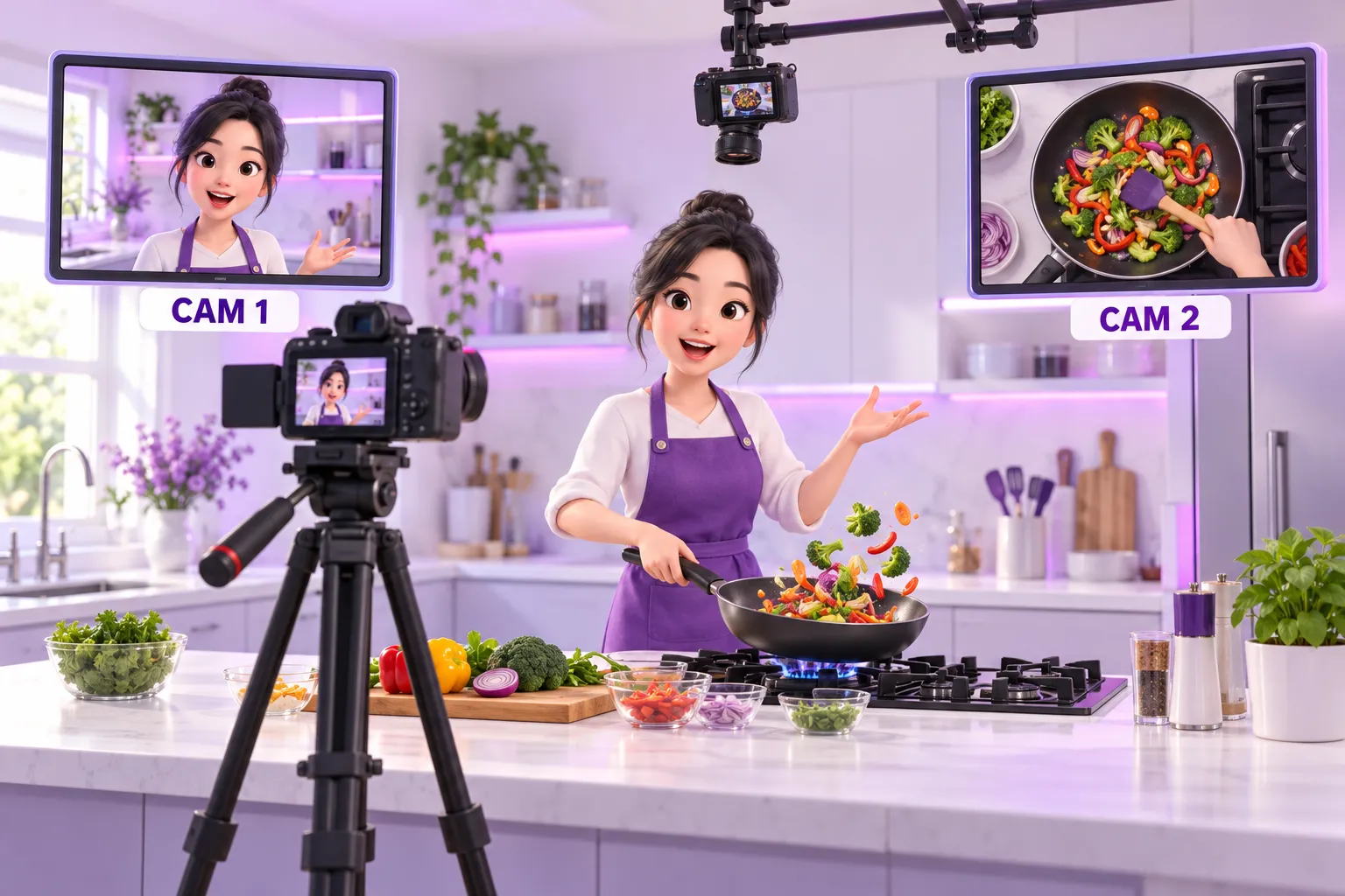 B-roll là gì: cô dạy nấu ăn quay cam chính lấy mặt, cam phụ lấy tay đảo chảo