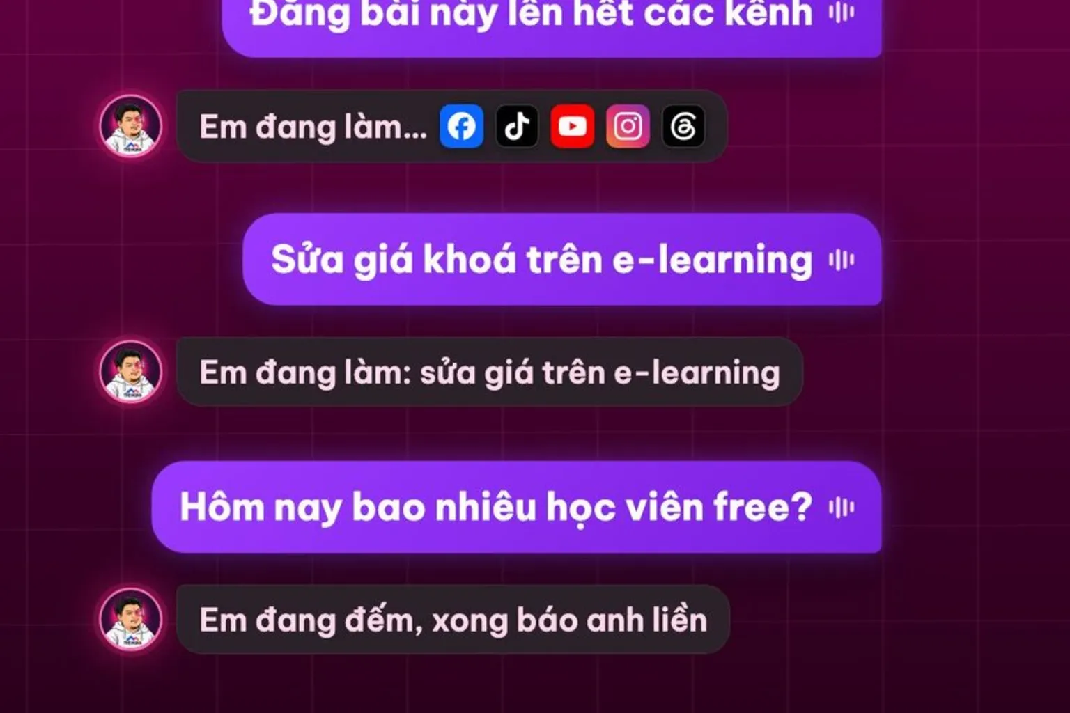 Khung hình thật: 3 lệnh giọng đăng bài lên hết các kênh, sửa giá khoá trên e-learning, hỏi học viên free