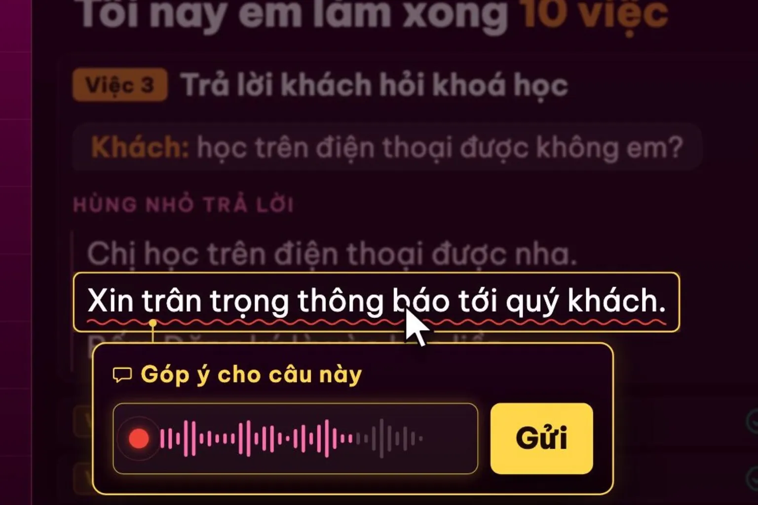 Khung hình trong video: bấm vào câu trên trang báo cáo, khung góp ý bật ra ngay dưới câu