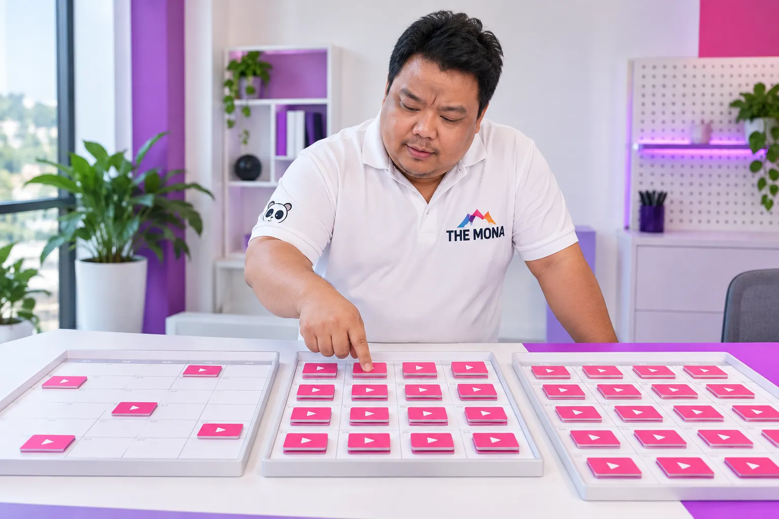 Hùng chạm vào khay thẻ giữa trong ba khay mô tả ba tình huống xếp lịch