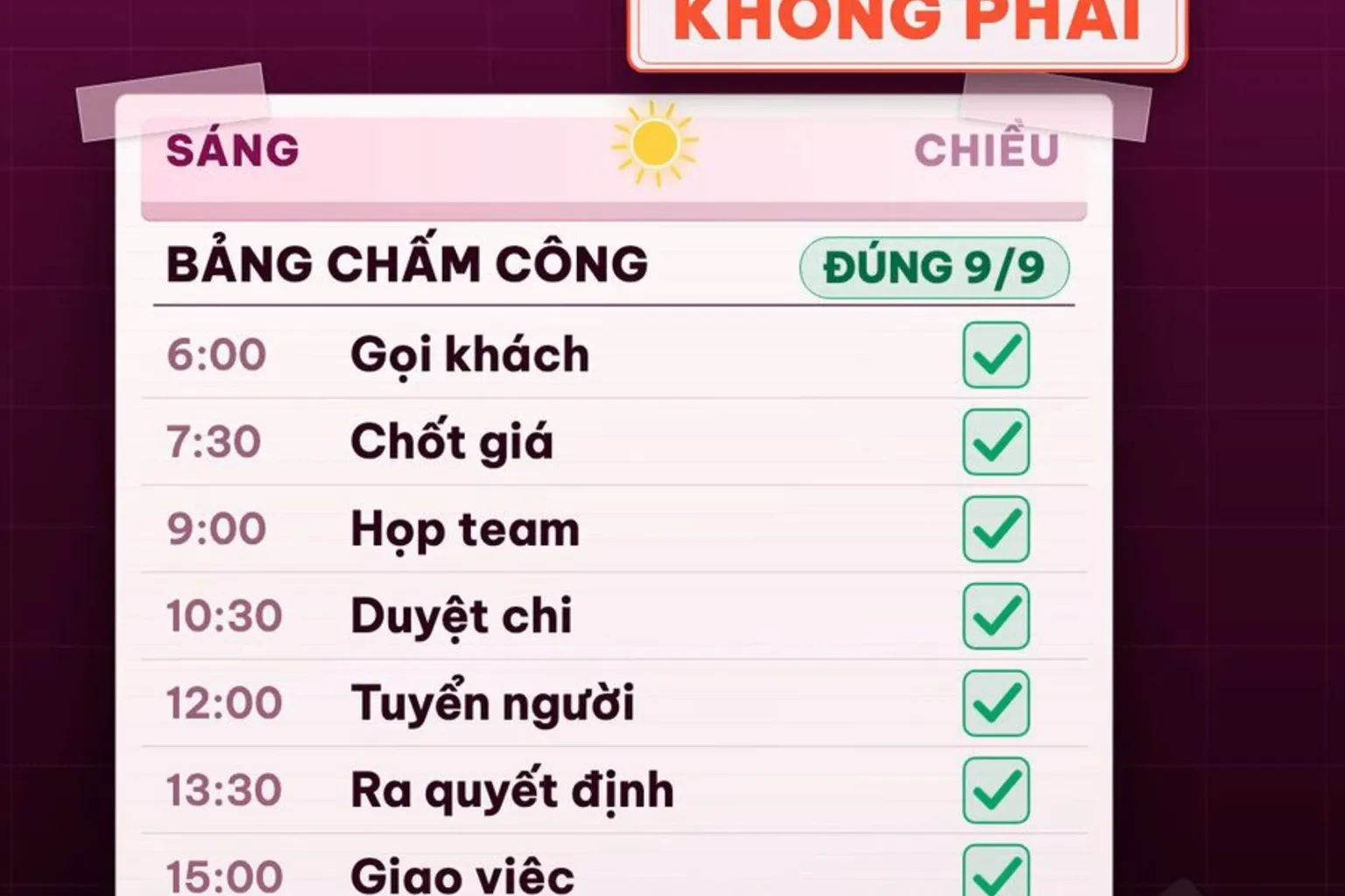 Khung hình thật: bảng chấm công từ 6:00 tới 18:00 đúng 9/9 việc bị đóng dấu không phải