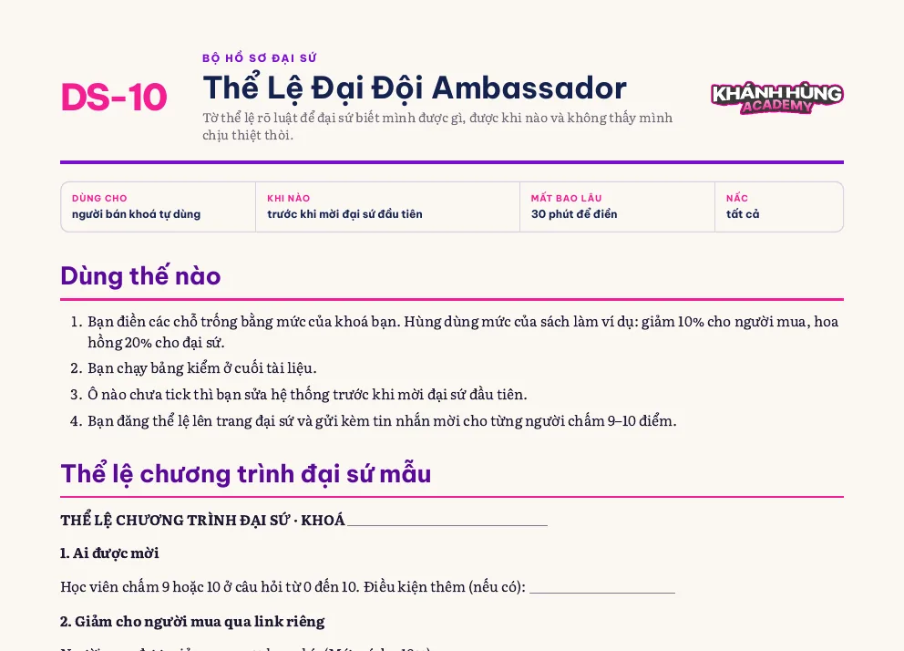 Ảnh chụp file DS-10 · Thể Lệ Đại Đội Ambassador trong Bộ Hồ Sơ Đại Sứ