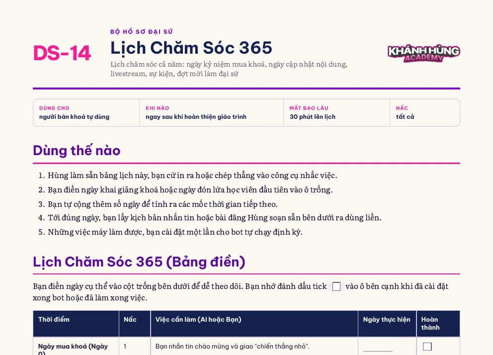 Ảnh chụp file DS-14 · Lịch Chăm Sóc 365 trong Bộ Hồ Sơ Đại Sứ