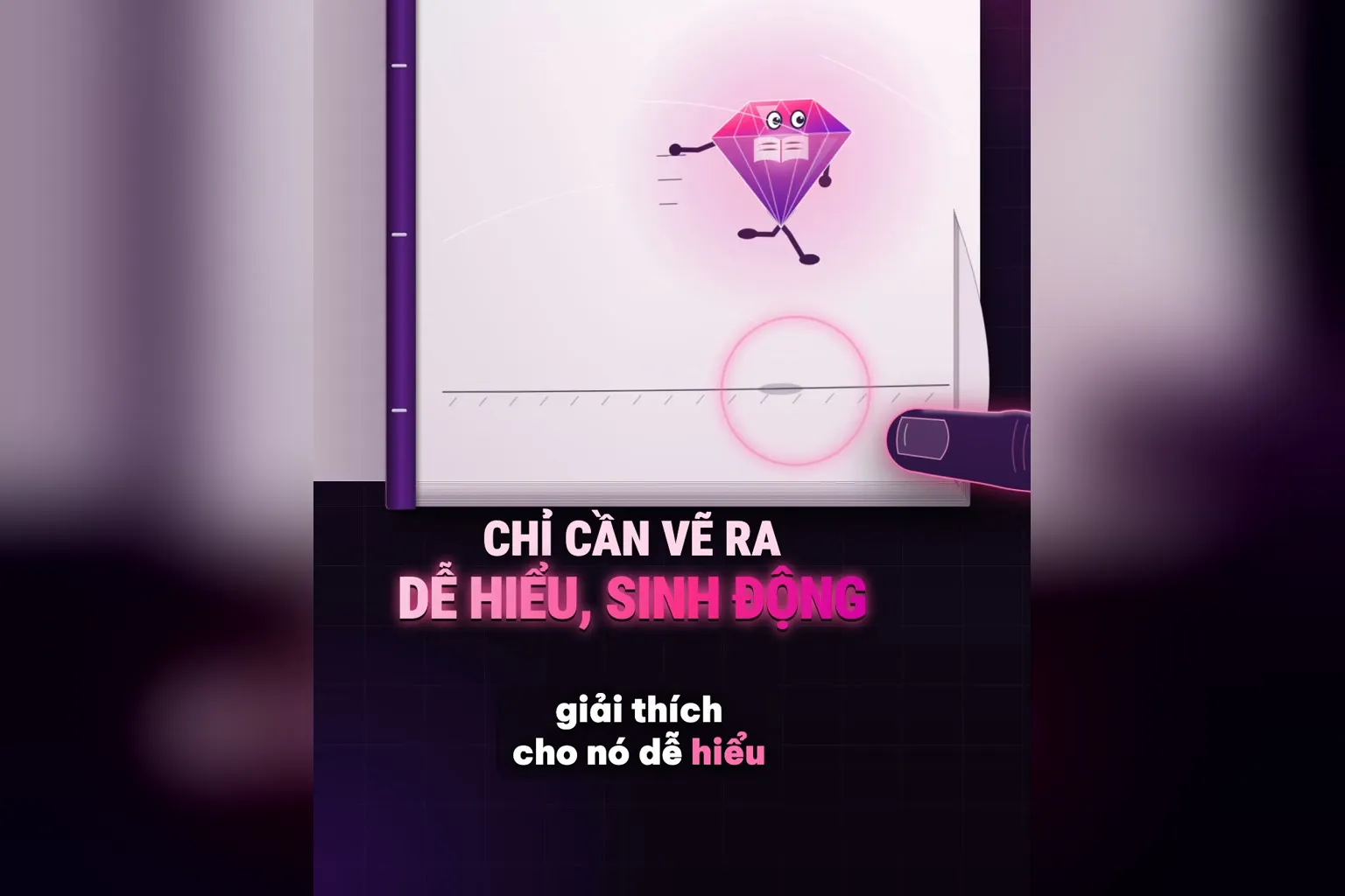 Visualize kiến thức: tờ giấy trắng chạy ra từ máy in, viên kim cương mọc chân chạy trên trang, chữ Chỉ cần vẽ ra dễ hiểu, sinh động