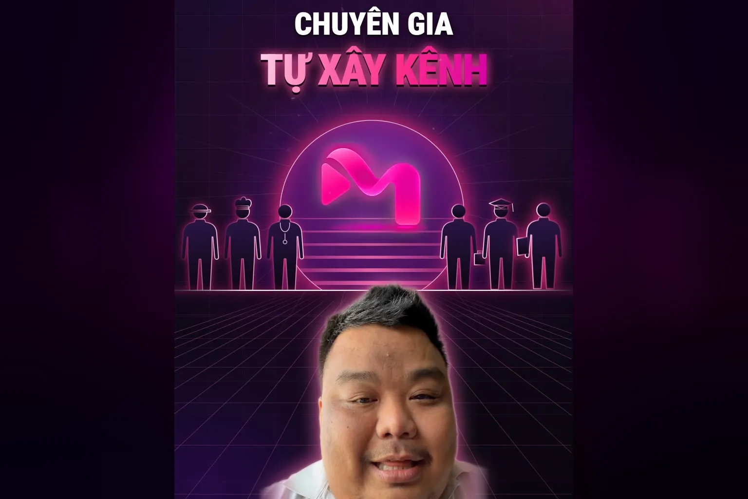 Xây kênh cá nhân cho chuyên gia: khung hình chữ Chuyên gia tự xây kênh, logo nhanhieu.ai giữa sân khấu, Hùng nói ở dưới