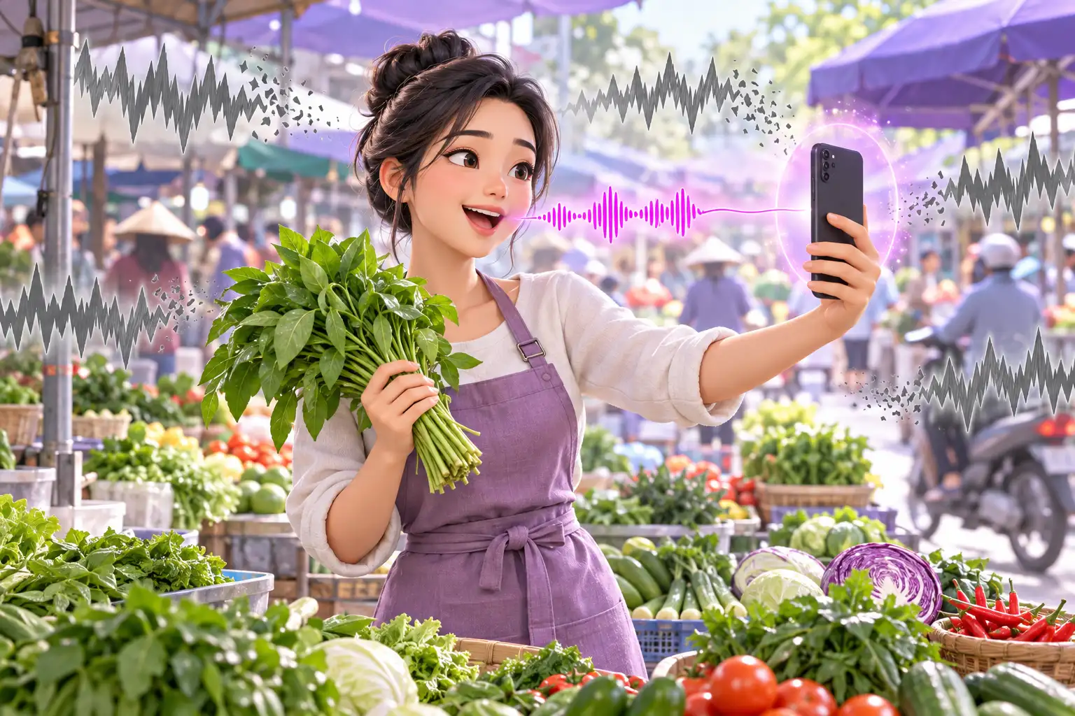 Giả sử cô dạy nấu ăn quay video bằng điện thoại giữa chợ ồn, AI lọc ồn giữ giọng