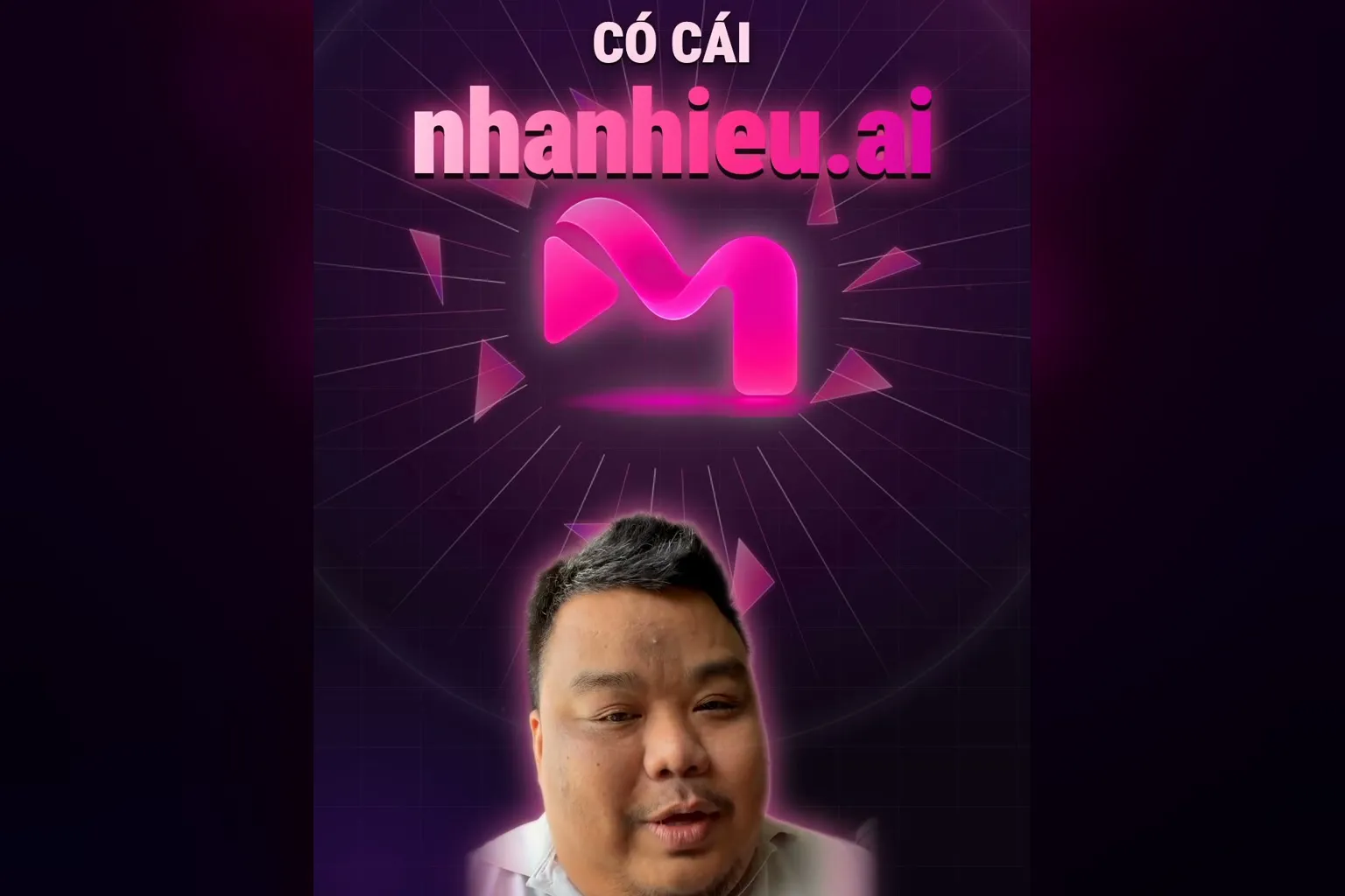 Có nhanhieu.ai: logo nhanhieu.ai hồng giữa màn hình, Hùng nói ở dưới