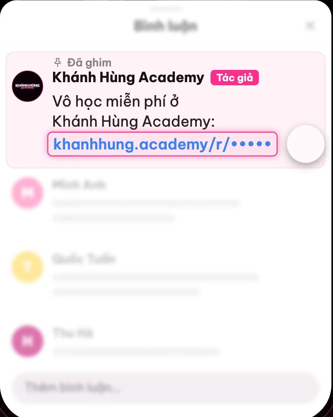 Comment ghim của trang Khánh Hùng Academy dưới video: link rút gọn khanhhung.academy/r/ để đếm người bấm