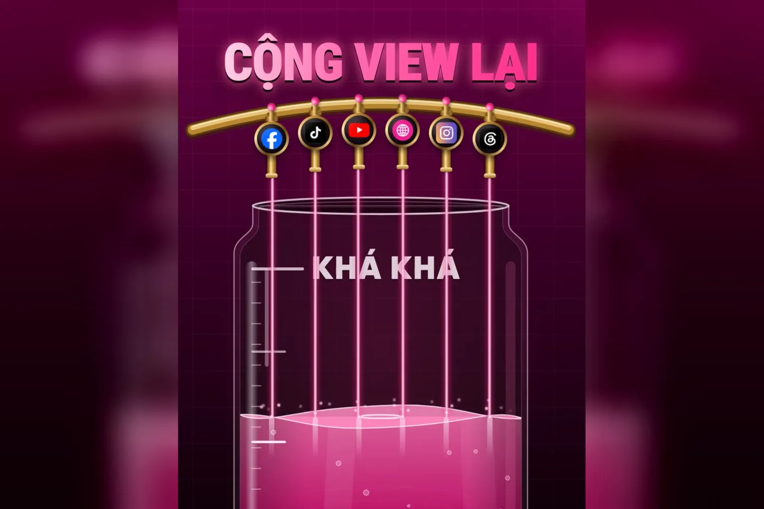 Cộng view lại: hũ thuỷ tinh khá khá, mỗi kênh mạng xã hội nhỏ giọt vào làm hũ đầy dần