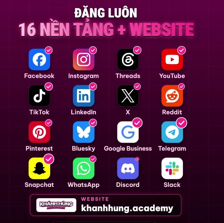 AI quản trị mạng xã hội đăng video lên 16 nền tảng cộng website khanhhung.academy