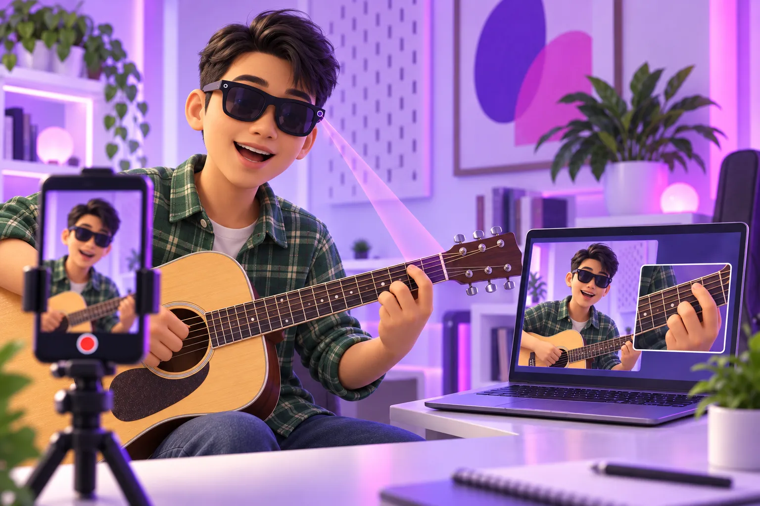 Người dạy guitar dùng AI tự ghép 2 camera: điện thoại quay mặt, mắt kính quay tay bấm hợp âm