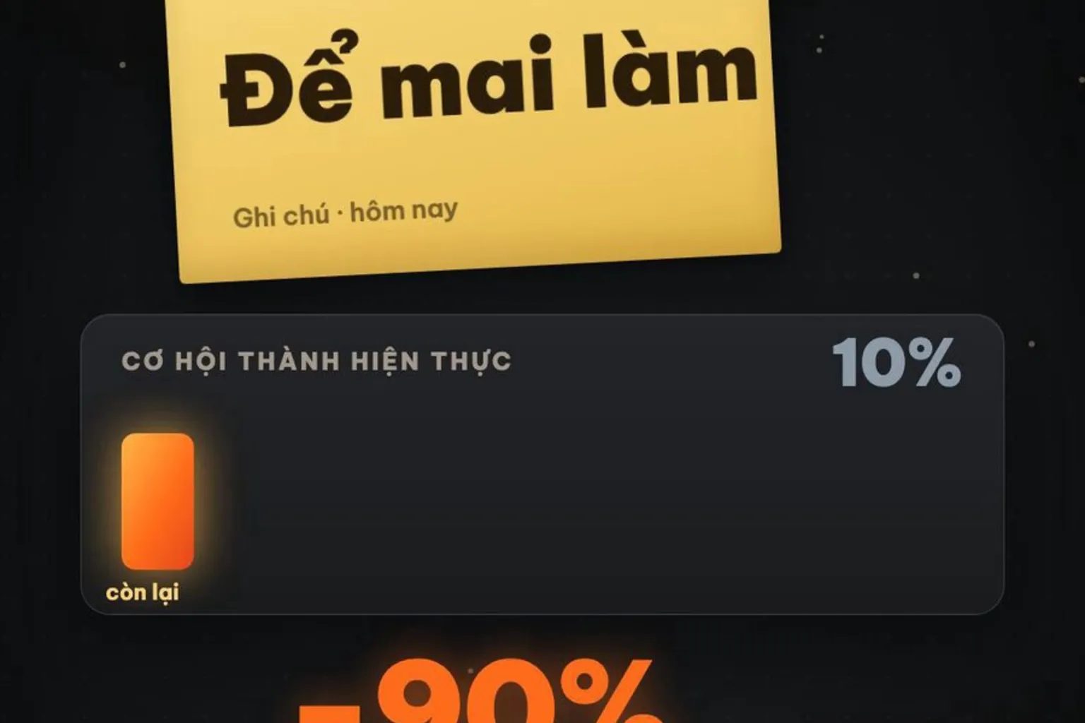 Khung hình thật: giấy nhớ Để mai làm, 10 ô cơ hội rụng 9 ô, hiện âm 90 phần trăm