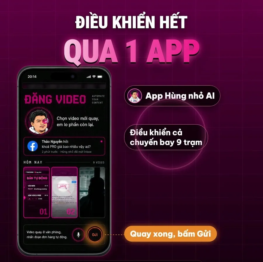 Điều khiển cả 9 trạm AI quản trị mạng xã hội qua 1 app Hùng nhỏ AI