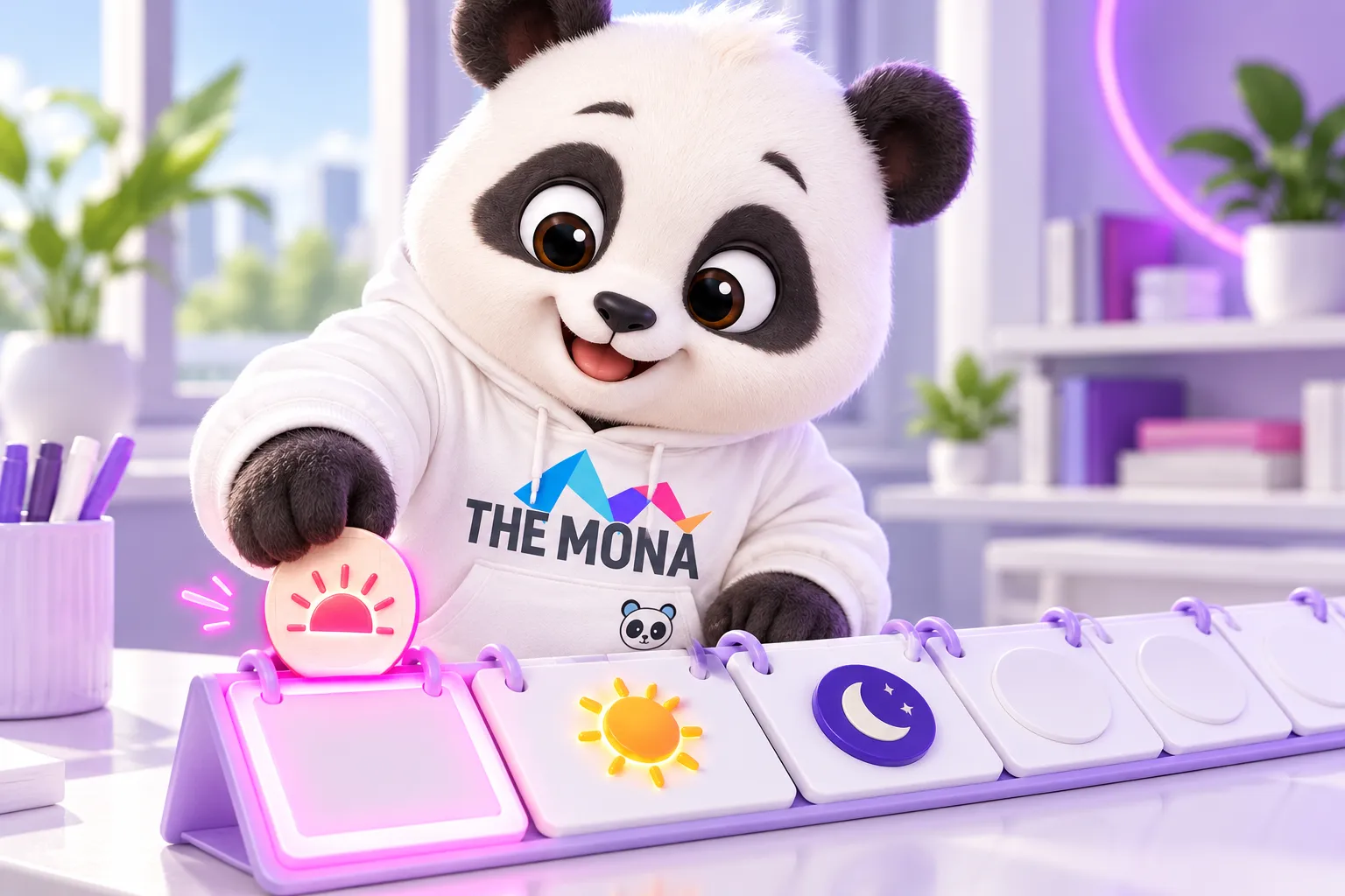 Gấu đặt biểu tượng mặt trời mọc vào ô riêng đầu lịch cho kênh Facebook, các kênh khác có ô trưa và tối