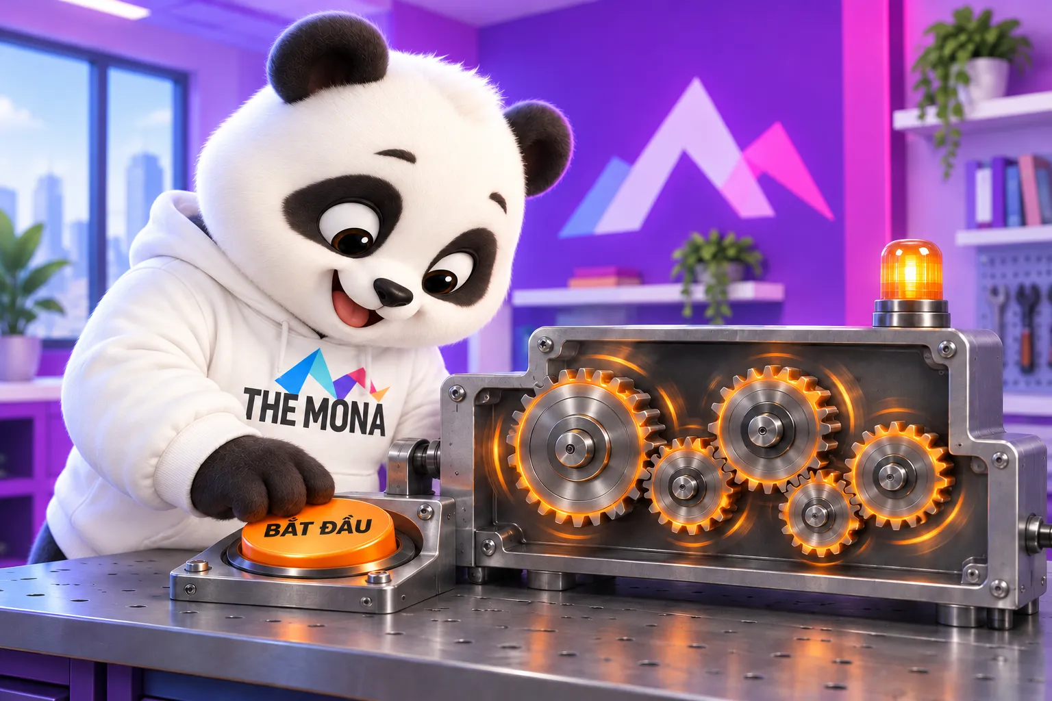 Gấu MONA ấn nút BẮT ĐẦU màu cam, 5 bánh răng trong cỗ máy bắt đầu quay theo