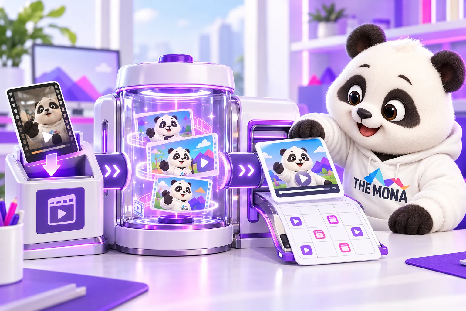Gấu cạnh cỗ máy nhận video thô rồi trả ra cảnh minh hoạ và lịch đăng hoàn chỉnh