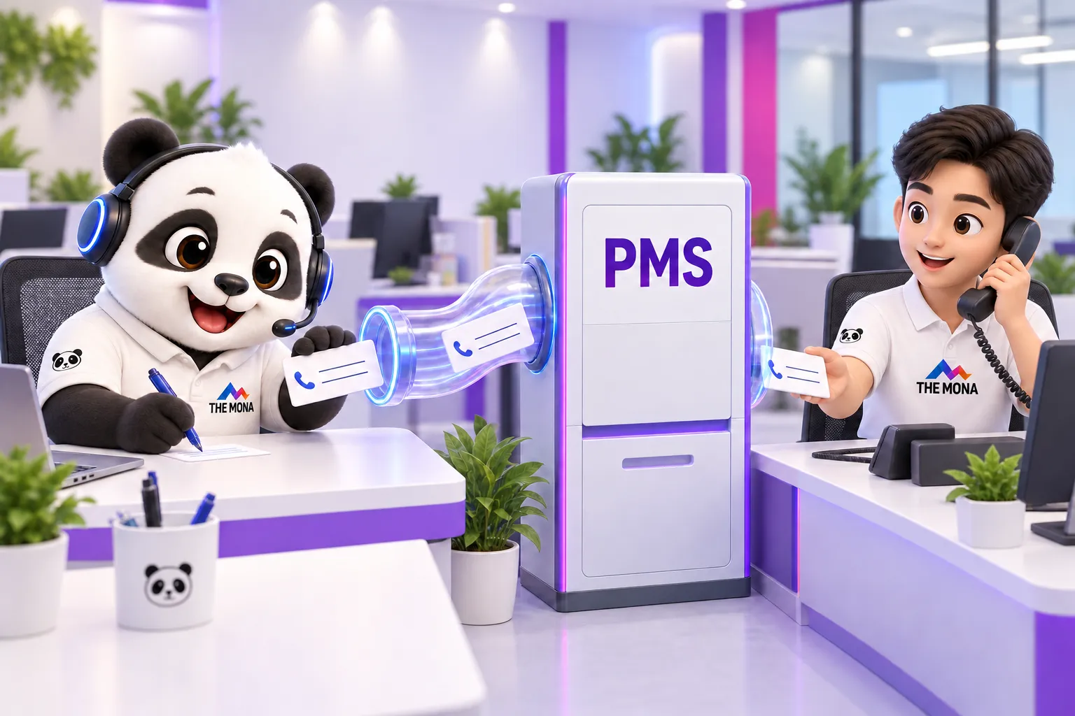 Gấu Cười xin số điện thoại khách rồi đẩy về PMS cho account MONA tư vấn tiếp