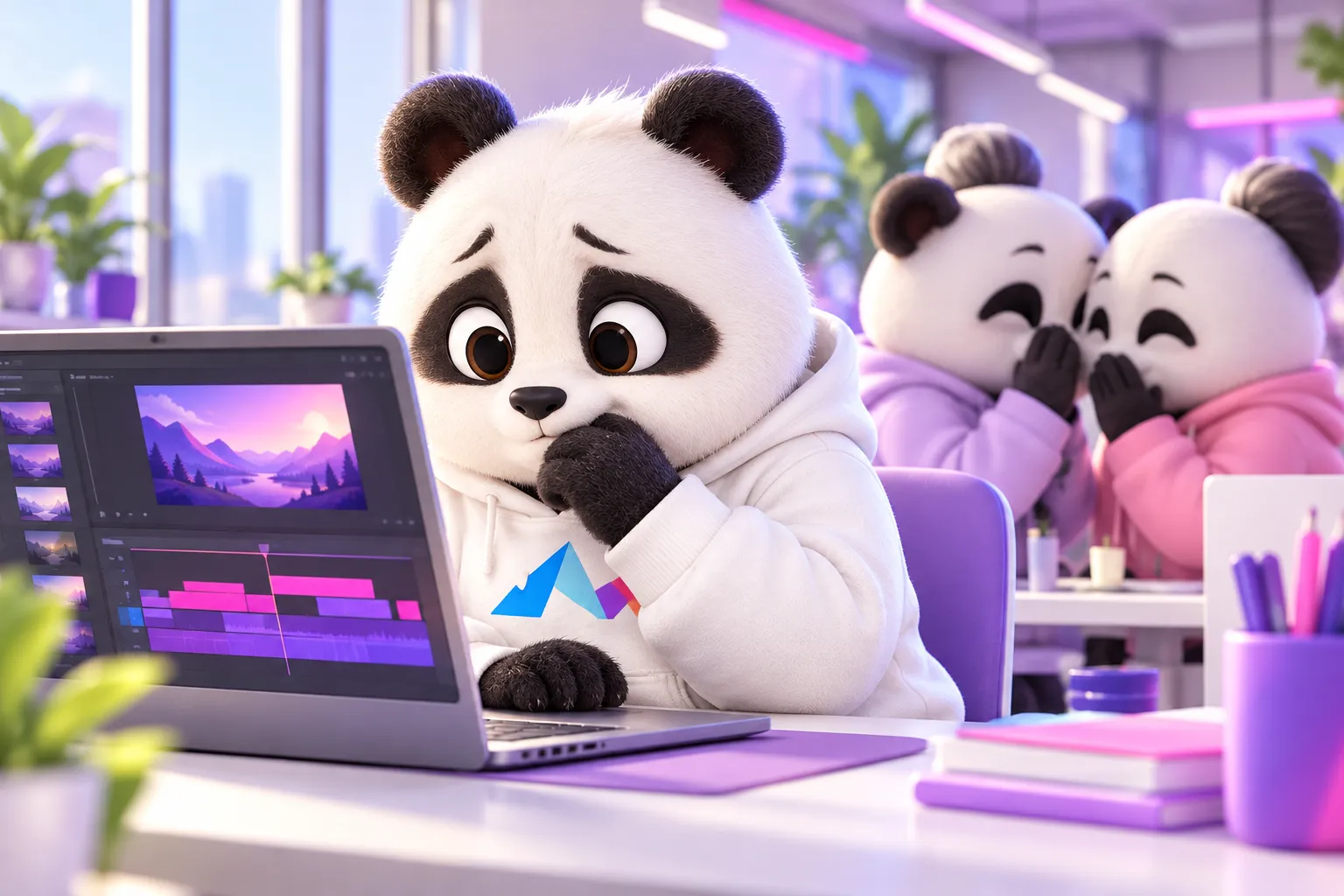 Gấu ngồi chỉnh video trên laptop, sau lưng hai người ghé đầu thì thầm
