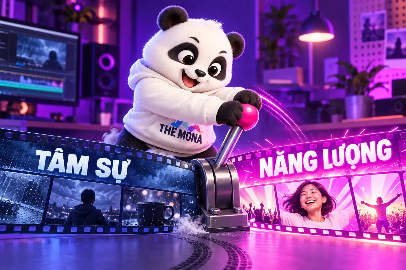 Đổi mood giữa video: gấu MONA kéo cần gạt, dải phim đổi từ TÂM SỰ tối mưa sang NĂNG LƯỢNG sáng tươi